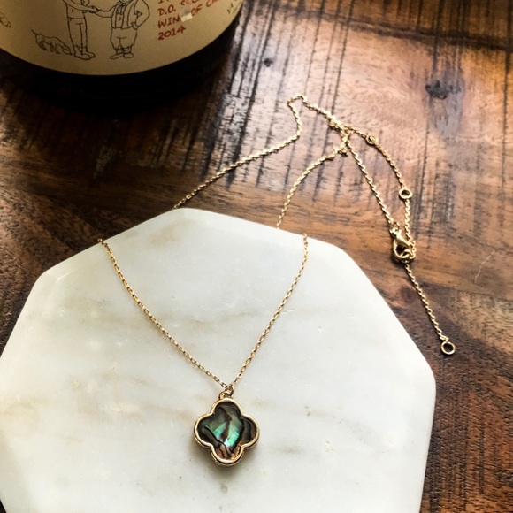 Tayzani Jewelry - Gold & Abalone Faceted Dainty Clover Necklace 16”